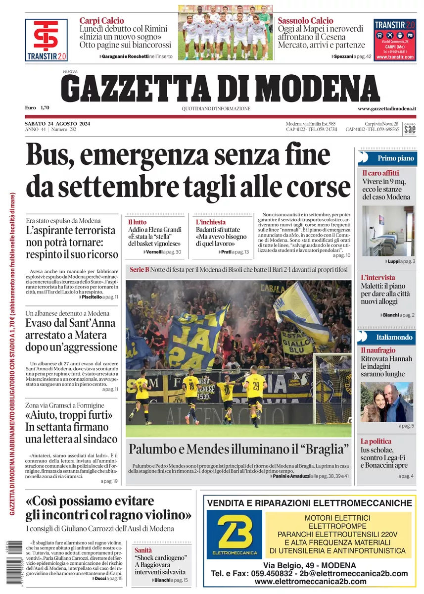 Prima-pagina-gazzetta di modena-oggi-edizione-del-2024-08-24